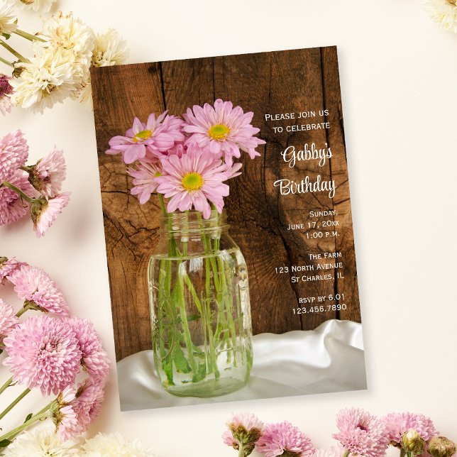 Rustic Mason Jar Pink Daisies Barn Birthday Party Invitation (Creator Uploaded)