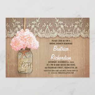 rustic mason jar pink hydrangea bridal shower invitation