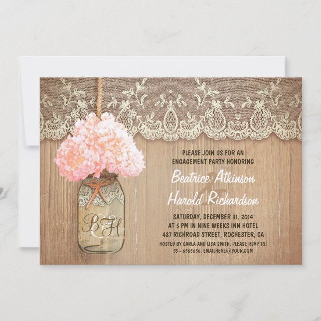 rustic mason jar pink hydrangea engagement party invitation (Front)