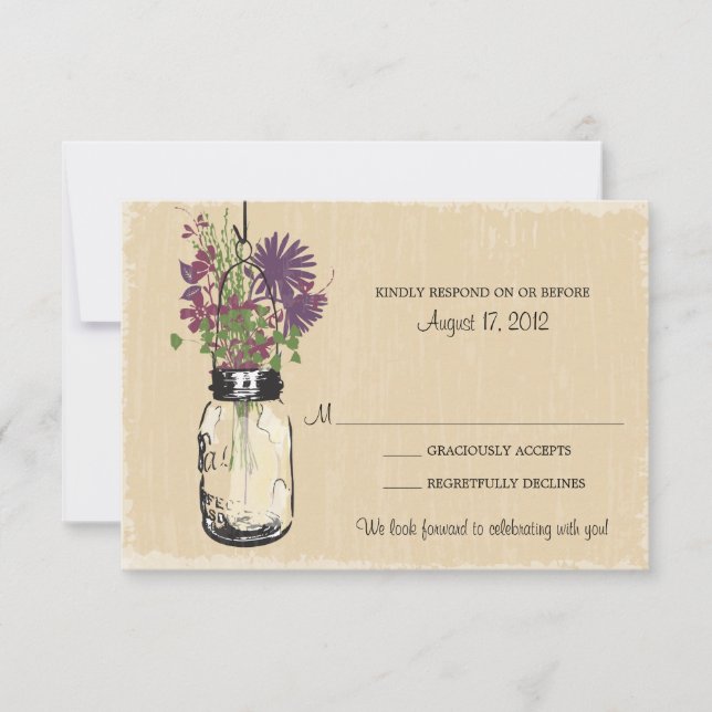 Rustic Mason Jar Purple Flowers Wedding RSVP Card (Front)