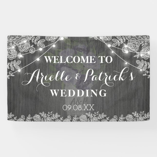 Rustic Mason Jar Purple Silver Grey Floral Wedding Banner (Horizontal)