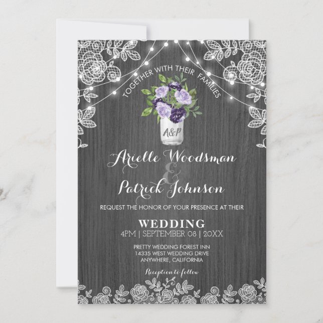 Rustic Mason Jar Purple Silver Grey Floral Wedding Invitation (Front)