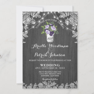 Rustic Mason Jar Purple Silver Grey Floral Wedding Invitation