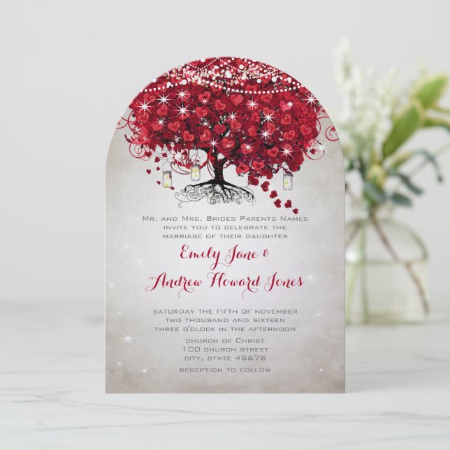 Rustic Mason Jar Red Heart Leaf Tree Wedding Invitation (Standing Front)