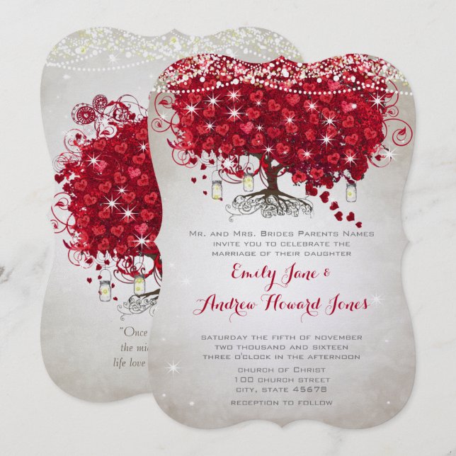 Rustic Mason Jar Red Tree Brown Trunk Wedding Invitation (Front/Back)
