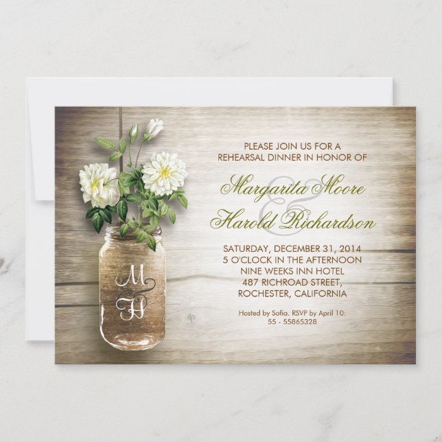 rustic mason jar rehearsal dinner invitations (Front)