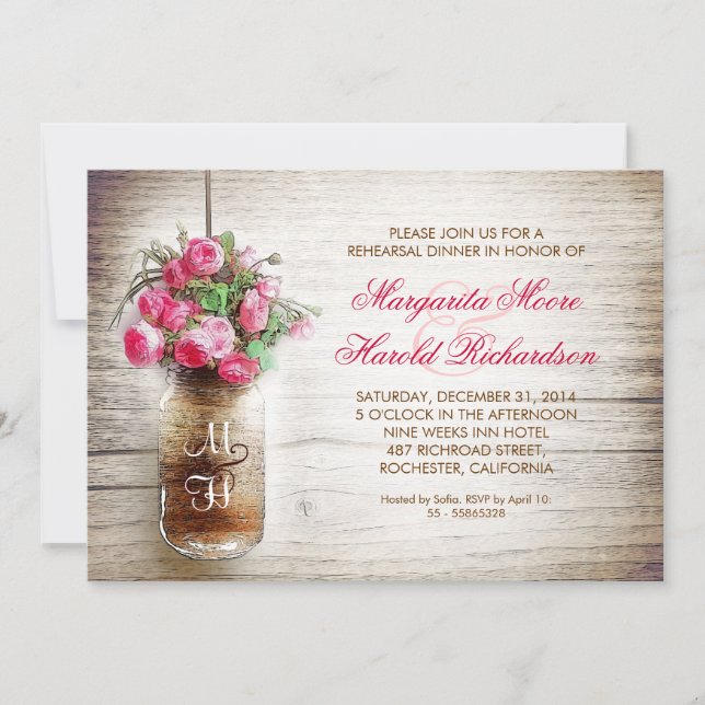 rustic mason jar rehearsal dinner invitations (Front)