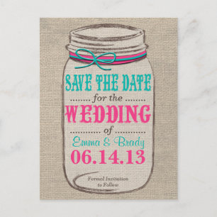 Rustic Mason Jar Save the Date Pink Teal Announcement Postcard