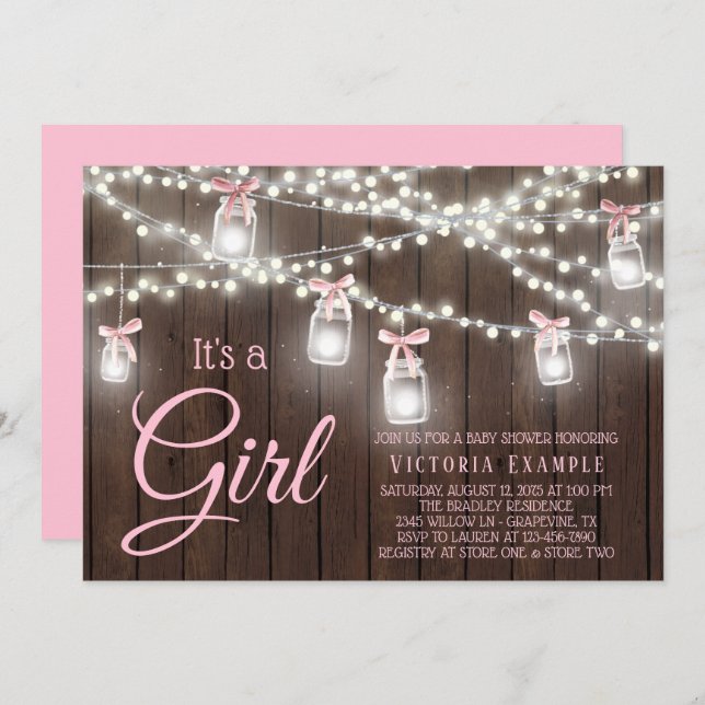 Rustic Mason Jar String Light Baby Girl Shower Inv Invitation (Front/Back)