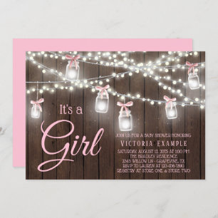 Rustic Mason Jar String Light Baby Girl Shower Inv Invitation