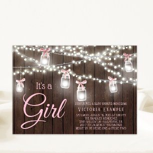 Rustic Mason Jar String Light Baby Girl Shower Invitation