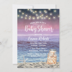 Rustic Mason Jar String Lights Beach Baby Shower Invitation