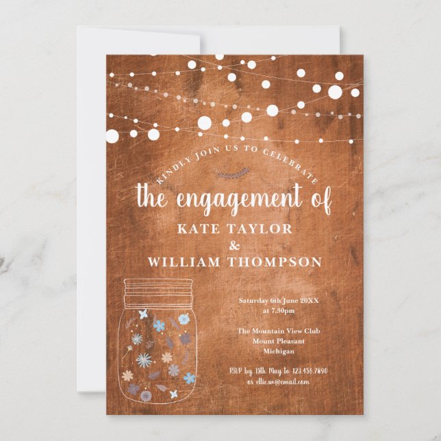 Rustic Mason Jar String Lights Engagement Party Invitation (Front)