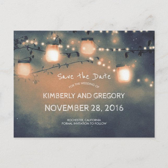 Rustic Mason Jar String Lights Save the Date Announcement Postcard (Front)