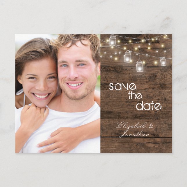 Rustic Mason Jar String Lights Save The Date Photo Announcement Postcard (Front)