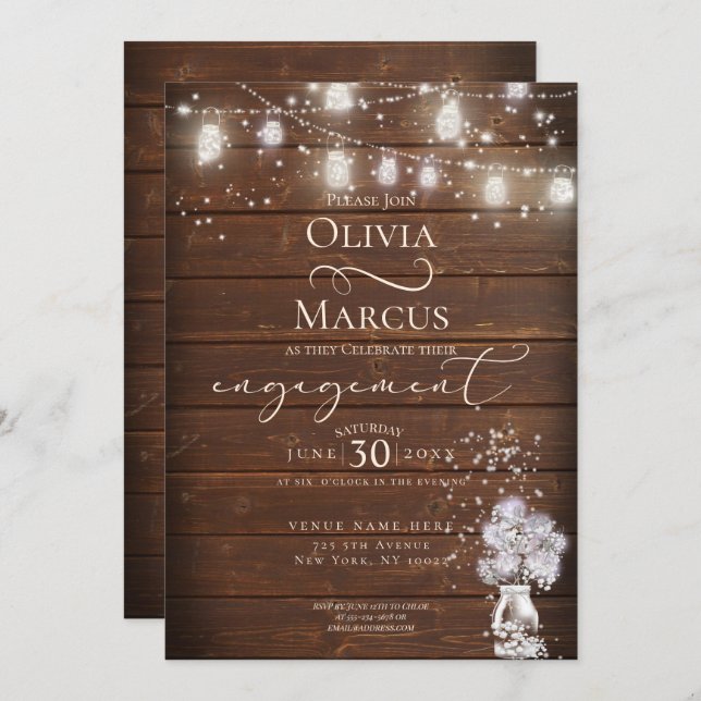 Rustic Mason Jar String Lights theBarefootBride™ Invitation (Front/Back)
