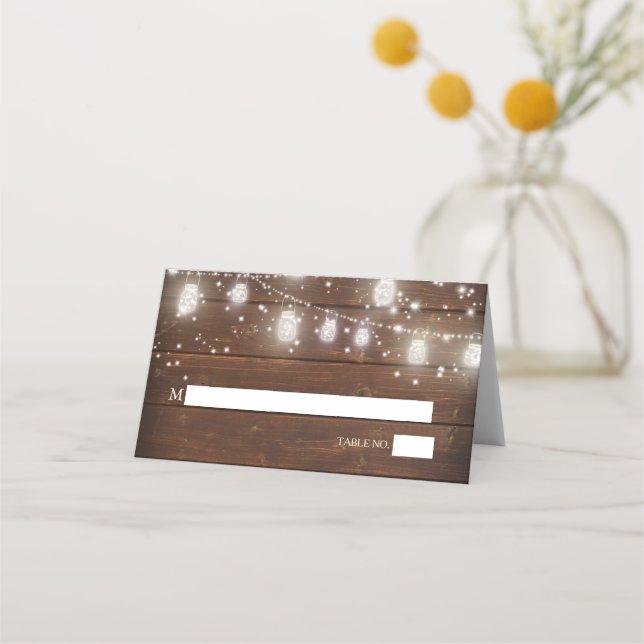 Rustic Mason Jar String Lights theBarefootBride™ Place Card (Front)