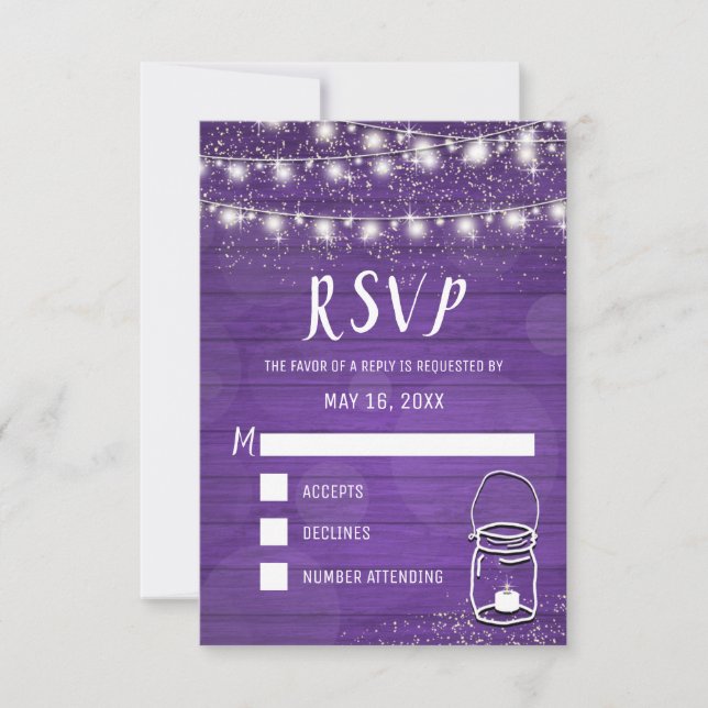 Rustic Mason Jar String Lights Violet Wedding RSVP (Front)