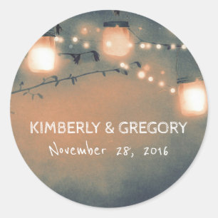 Rustic Mason Jar String Lights Wedding Classic Round Sticker