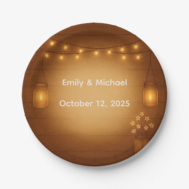 Rustic Mason Jar & String Lights Wedding  Paper Plate (Front)