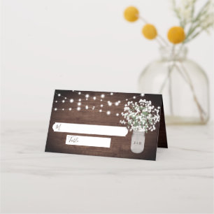 Rustic Mason Jar String Lights Wedding Place Card