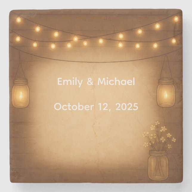 Rustic Mason Jar & String Lights wedding  Stone Coaster (Front)