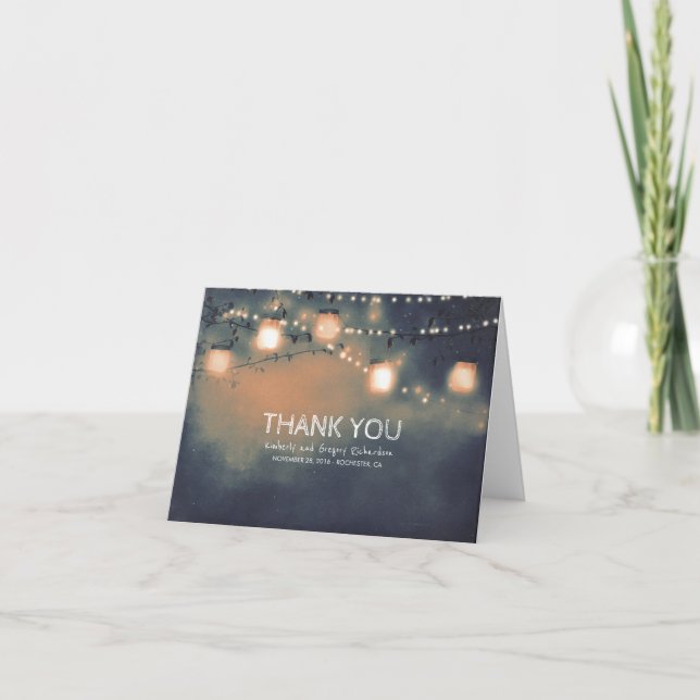 Rustic Mason Jar String Lights Wedding Thank You Card (Front)