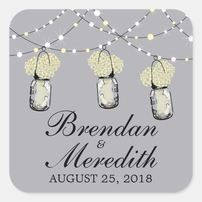 Rustic Mason Jar String of Lights Square Sticker (Front)