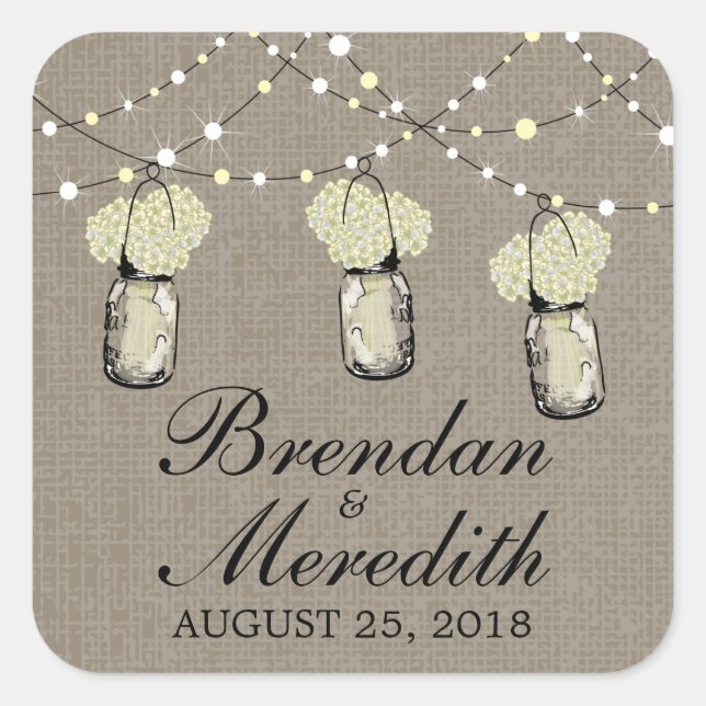 Rustic Mason Jar String of Lights Square Sticker (Front)