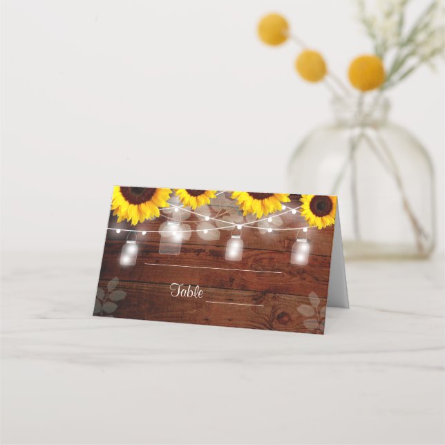 Rustic Mason Jar Sunflower Place Cards (Front)