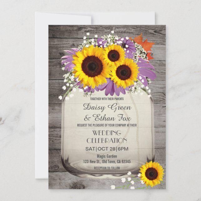 Rustic Mason Jar Sunflower Wedding Invite (Front)