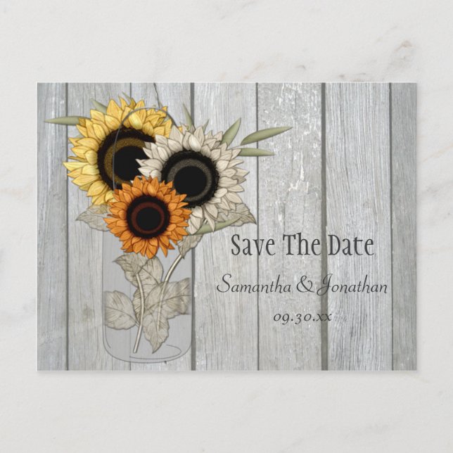 Rustic Mason Jar Sunflowers Save The Date Announcement Postcard (Front)