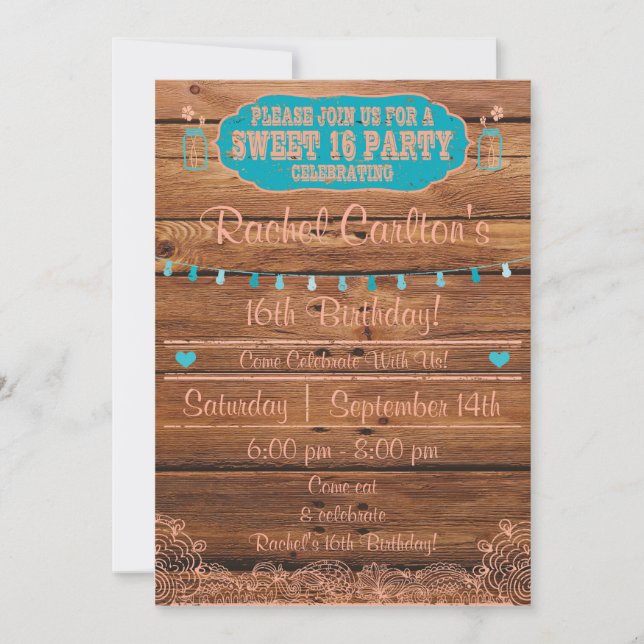 Rustic Mason Jar Sweet 16 Birthday Invitation Teal (Front)