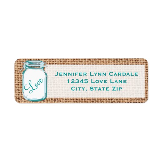 Rustic Mason Jar Teal Burlap Wedding Address Label