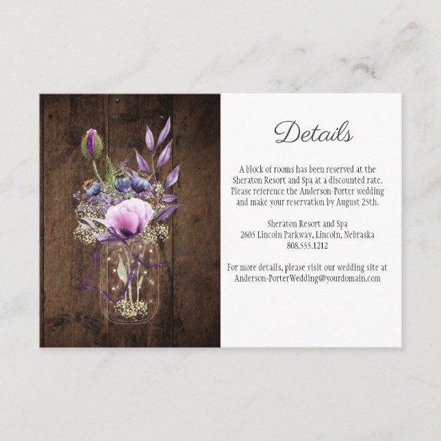 Rustic Mason Jar Violet Purple Flowers Enclosure Card (Front)