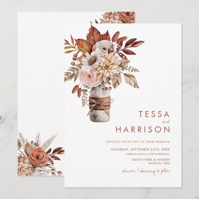 Rustic Mason Jar Watercolor Floral Wedding Invitation (Front/Back)