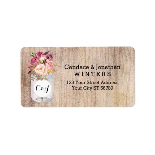 Rustic Mason Jar Watercolor Flowers Wood Wedding Address Label