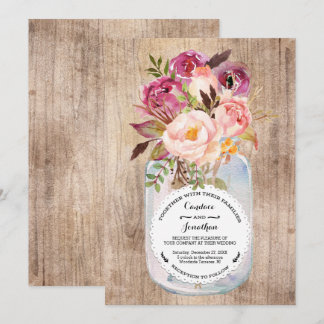 Rustic Mason Jar Watercolor Flowers Wood Wedding Invitation