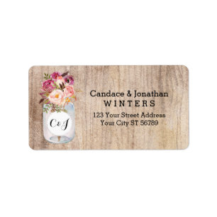 Rustic Mason Jar Watercolor Flowers Wood Wedding Label