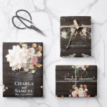 Rustic Mason Jar Watercolor Pesonalized Wedding Wr Wrapping Paper Sheet<br><div class="desc">A truly charming design for her special day! Dainty flowers in soft, autumn shades of pink, peach, burgundy and beige. Accented by string lights and mason jar candles that give off a nice, cosy glow. A huge bouquet of zinnias, poppies, mums and other assorted flowers are artfully placed in an...</div>