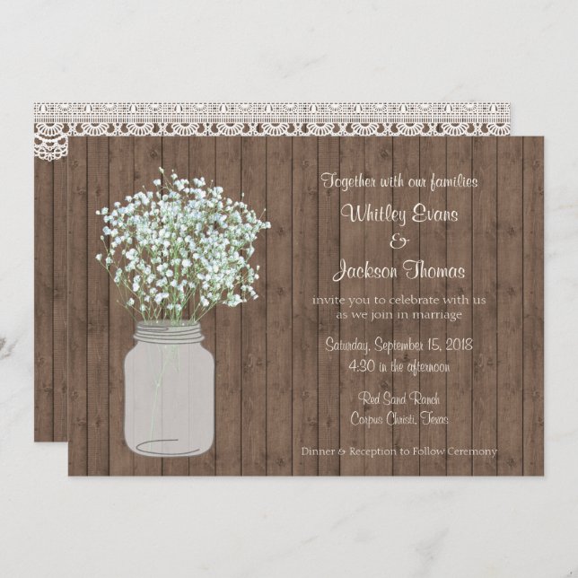 Rustic Mason Jar Wedding Invitation on Wood (Front/Back)