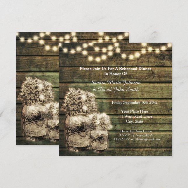 Rustic Mason Jar  Wedding Rehearsal Dinner Invitation (Front/Back)