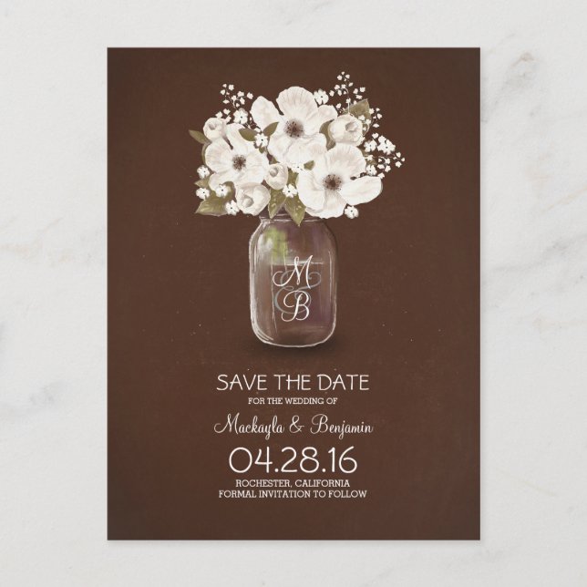 rustic mason jar white flowers save the date announcement postcard (Front)