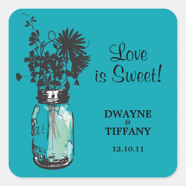 Rustic Mason Jar & Wildflowers Square Sticker (Front)