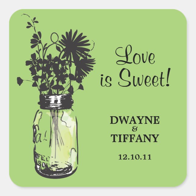 Rustic Mason Jar & Wildflowers Square Sticker (Front)
