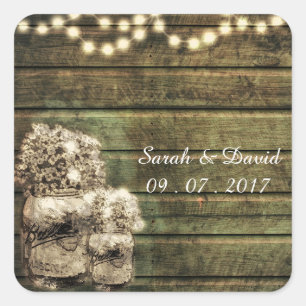 Rustic Mason Jar with Babies Breath Wedding Square Sticker
