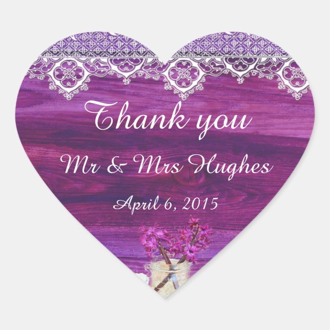 Rustic mason jar with flower wedding thank you heart sticker (Front)
