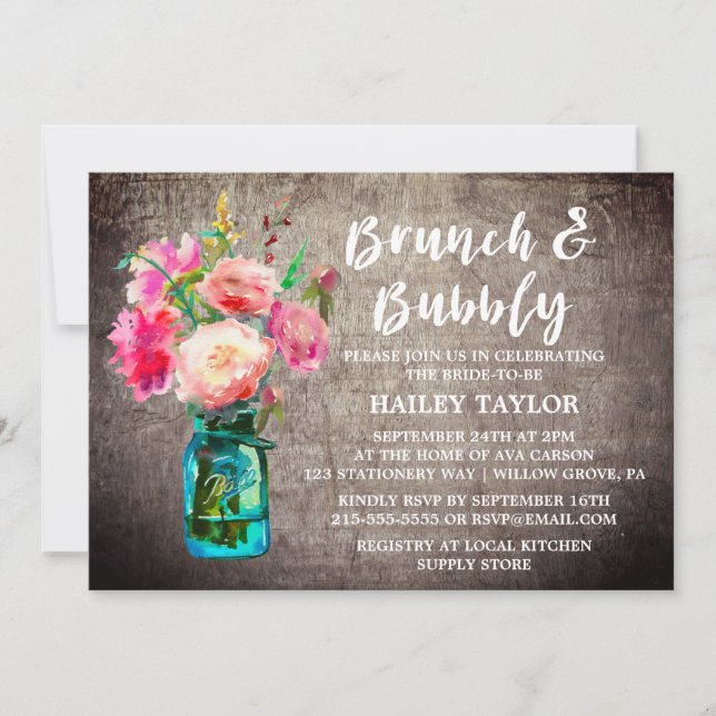 Rustic Mason Jar with Flowers Brunch and Bubbly Invitation (Front)