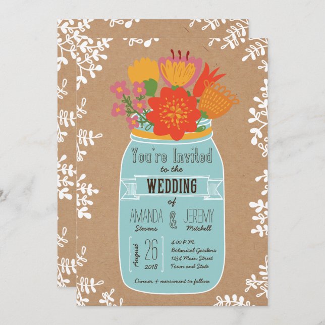 Rustic Mason Jar with Flowers on Craft Paper Invitation (Front/Back)