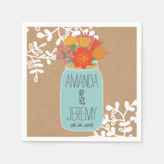 Rustic Mason Jar with Flowers on Craft Paper Napkin
